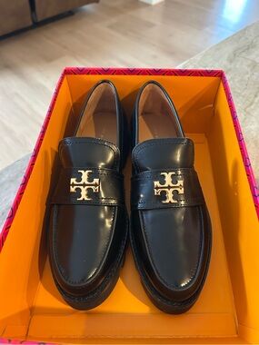 Tory Burch Black Leather Penny Loafers with Gold Logo